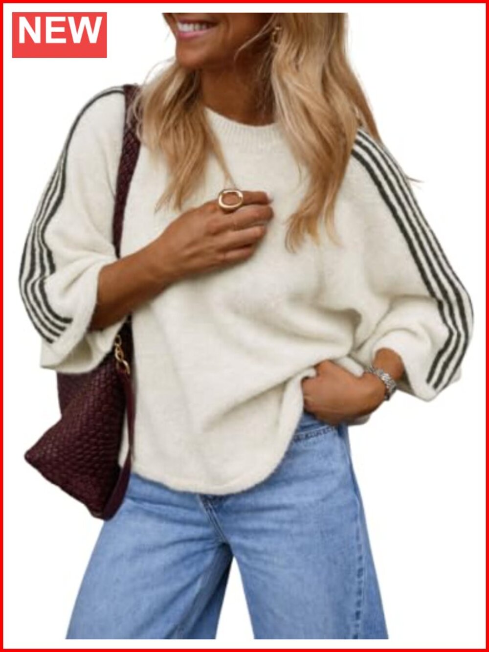 Oversized Striped Knit Sweater Short Sleeve Pullover Crew Neck Women